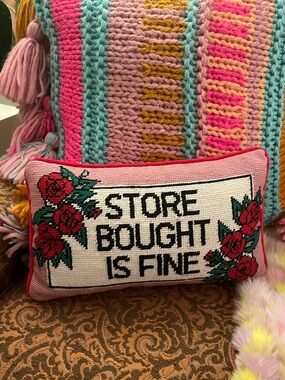 Decorative Pink Rose Needlepoint Pillow - Store Bought Is Fine